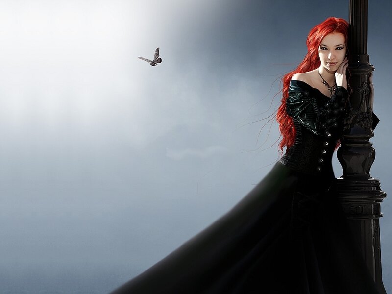 Woman with Red Hair — Black, Dramatic, Digital Art, Butterfly