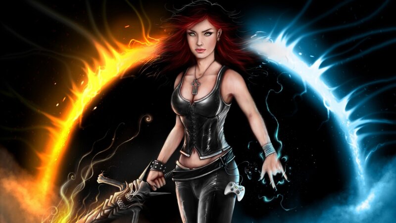Woman with Red Hair — Black, Dramatic, Digital Art, Fire