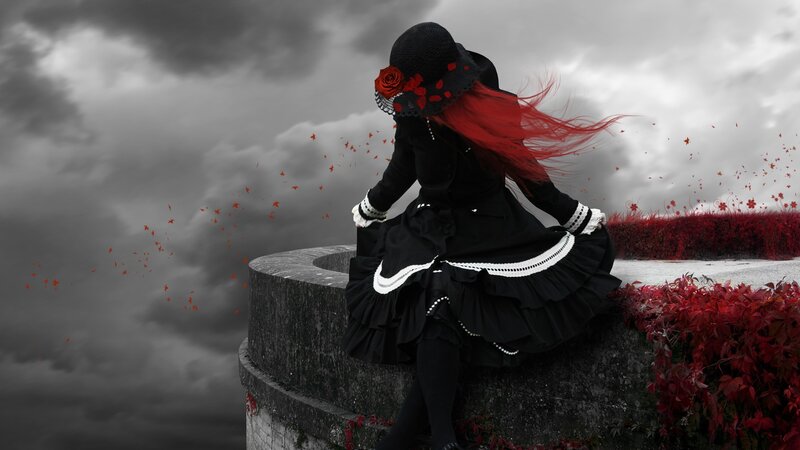 Woman with Red Hair — Black, Dramatic, Digital Art, Hat