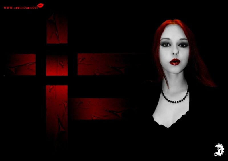 Woman with Red Hair — Black, Dramatic, Digital Art, Red Cross