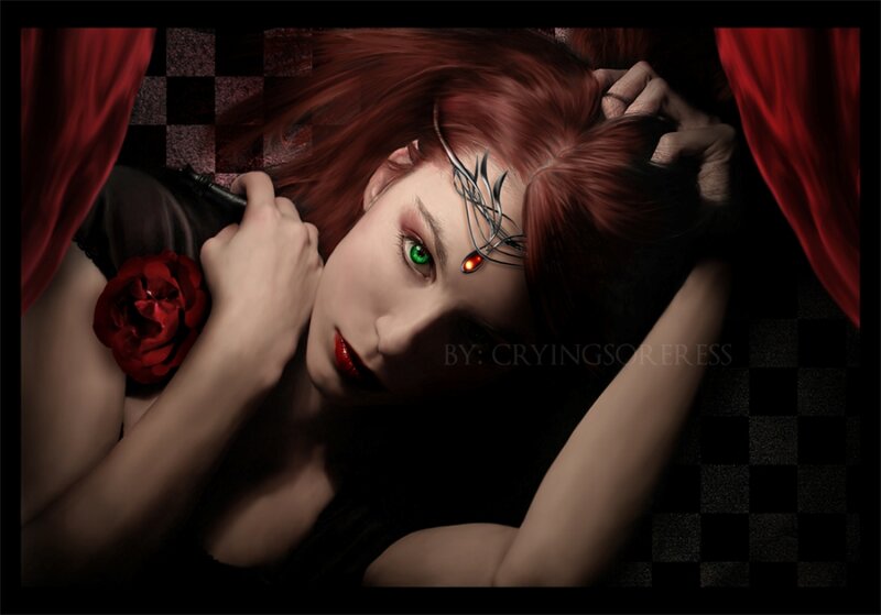 Woman with Red Hair — Black, Dramatic, Digital Art, Red Rose