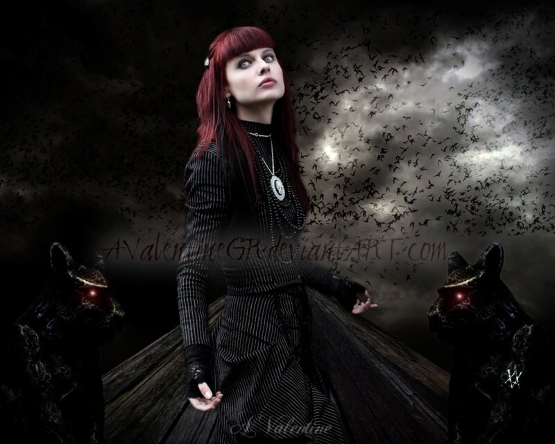 Woman with Red Hair — Black, Dramatic, Night, Digital Art, Bats