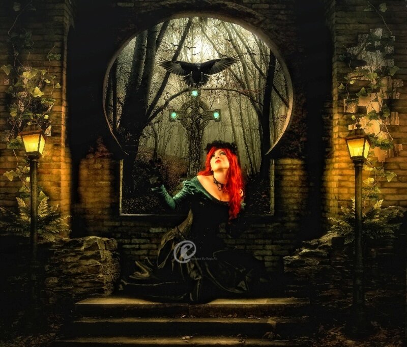 Woman with Red Hair — Black, Dramatic, Night, Digital Art, Bird, Forest