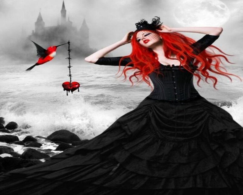 Woman with Red Hair — Black, Dramatic, Night, Digital Art, Bird