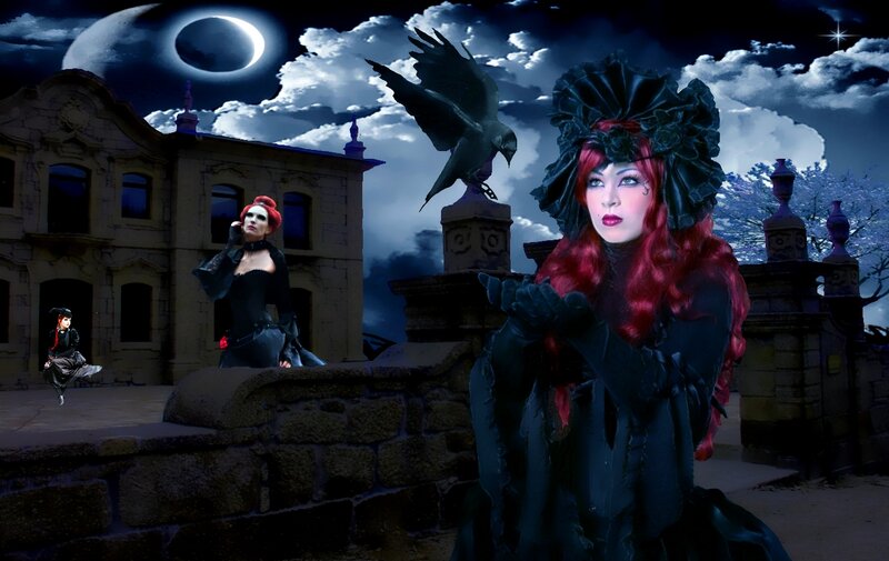 Woman with Red Hair — Black, Dramatic, Night, Digital Art, Building