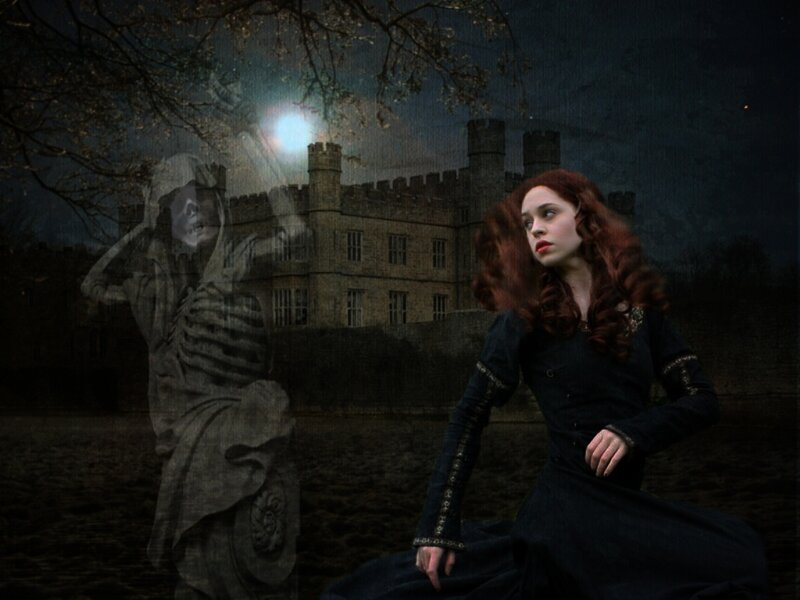 Woman with Red Hair — Black, Dramatic, Night, Digital Art, Castle