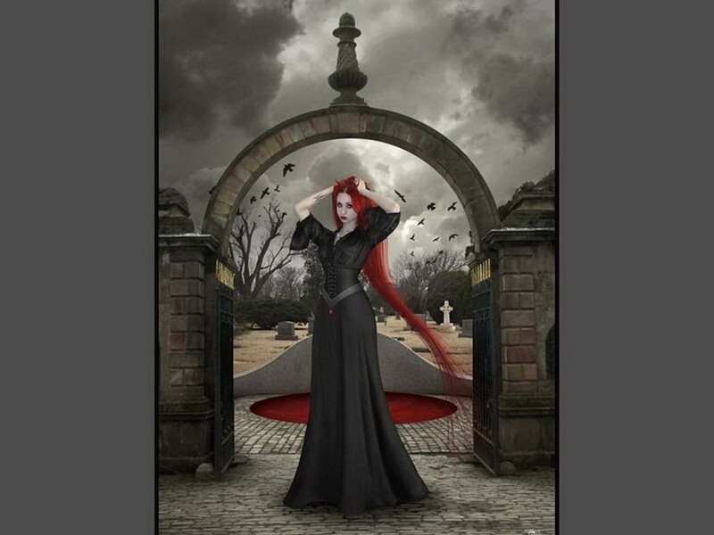 Woman with Red Hair — Black, Dramatic, Night, Digital Art, Cemetery