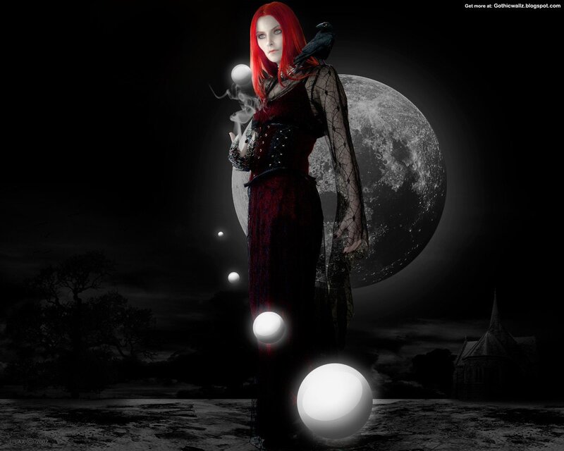 Woman with Red Hair — Black, Dramatic, Night, Digital Art, Crow