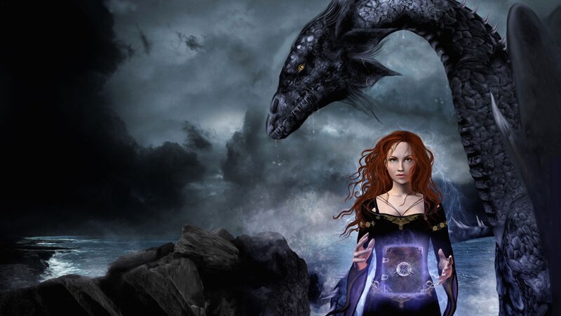 Woman with Red Hair — Black, Dramatic, Night, Digital Art, Dragon