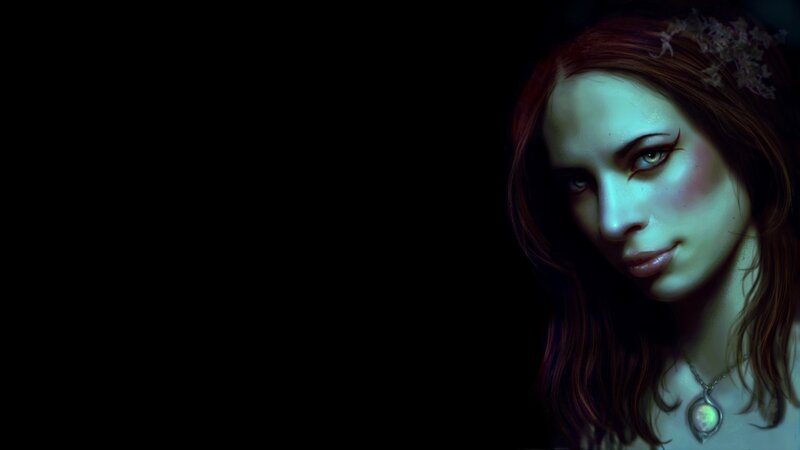 Woman with Red Hair — Black, Dramatic, Night, Digital Art, Flower Crown
