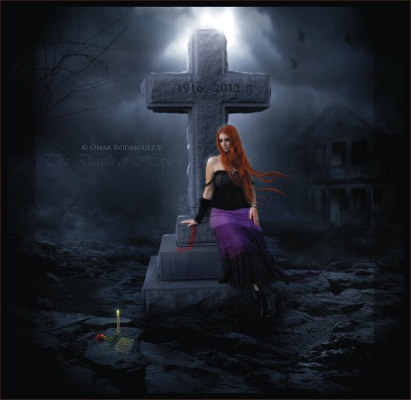 Woman with Red Hair — Black, Dramatic, Night, Digital Art, Gravestone