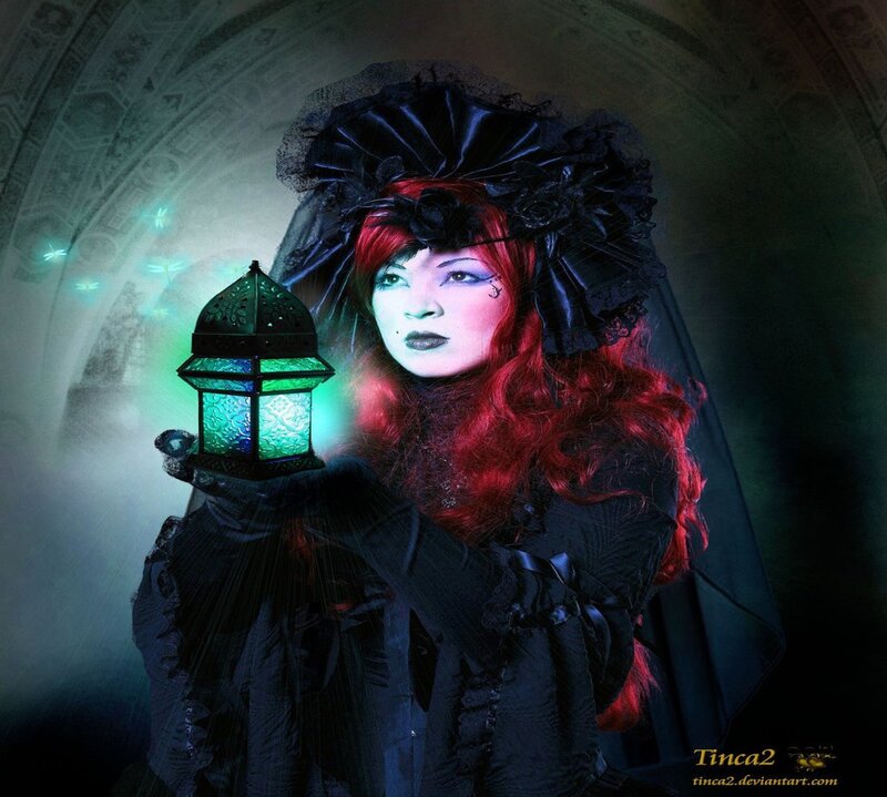 Woman with Red Hair — Black, Dramatic, Night, Digital Art, Lantern, Veil