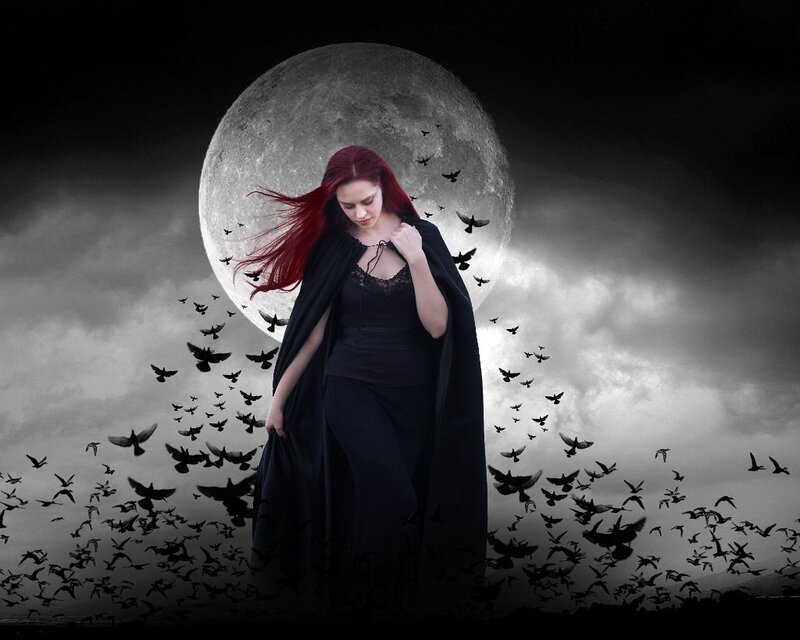 Woman with Red Hair — Black, Dramatic, Night, Digital Art, Moon, Birds