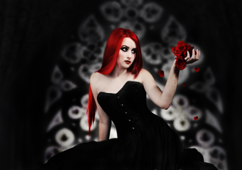 Woman with Red Hair — Black, Dramatic, Night, Digital Art, Red Roses