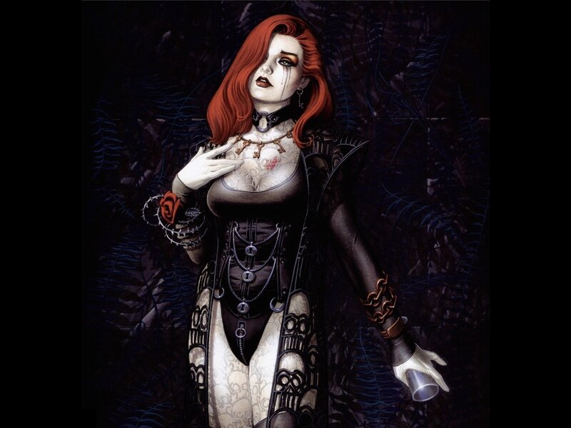 Woman with Red Hair — Black, Dramatic, Night, Digital Art, Tattoos