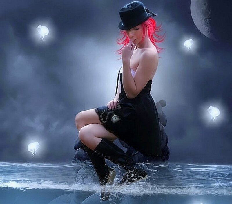 Woman with Red Hair — Black, Dramatic, Night, Digital Art, Top Hat