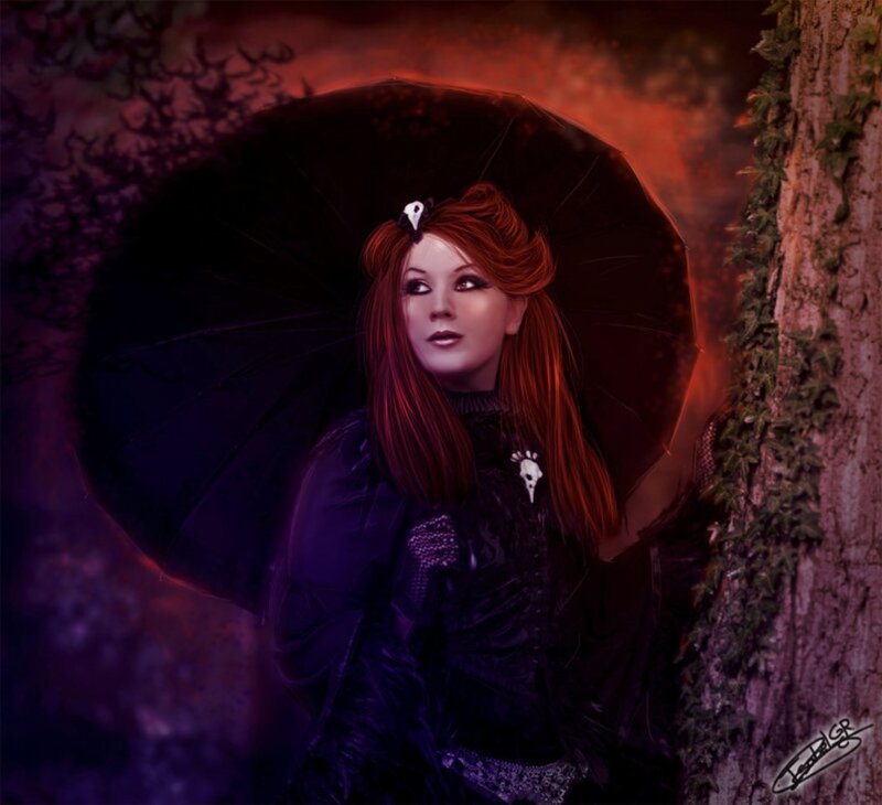Woman with Red Hair — Black, Dramatic, Night, Digital Art, Umbrella