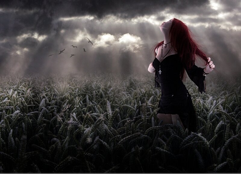 Woman with Red Hair — Black, Dramatic, Night, Digital Art, Wheat Field