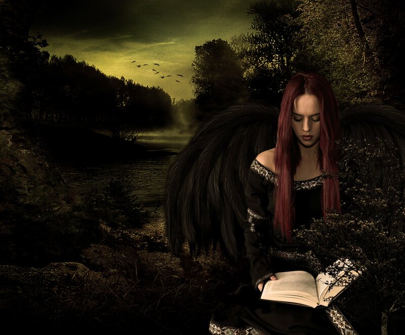 Woman with Red Hair — Black, Dramatic, Night, Digital Art, Wings