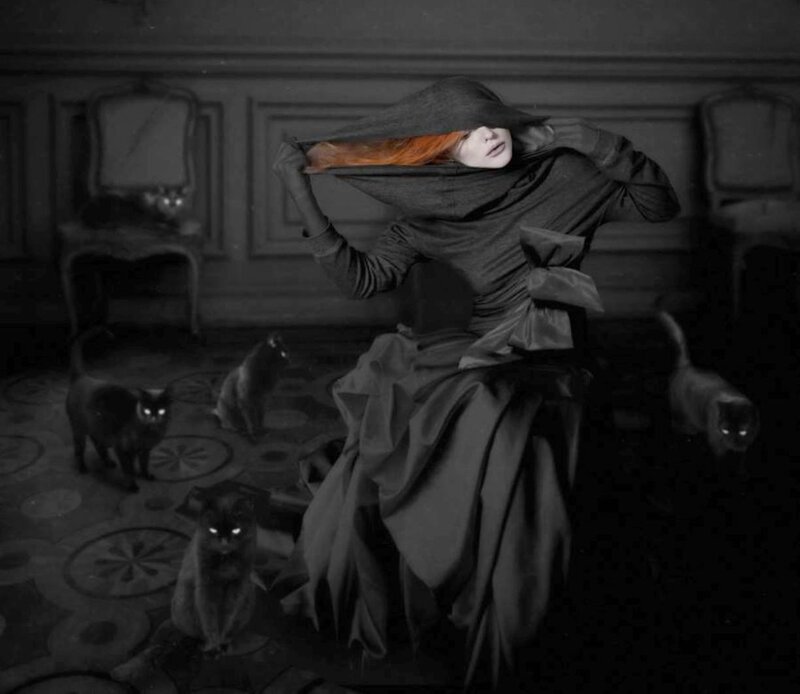 Woman with Red Hair — Black, Dramatic, Night, Photograph, Cats