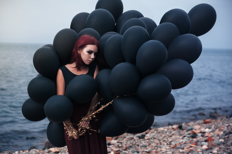 Woman with Red Hair — Black, Dramatic, Photograph, Balloons