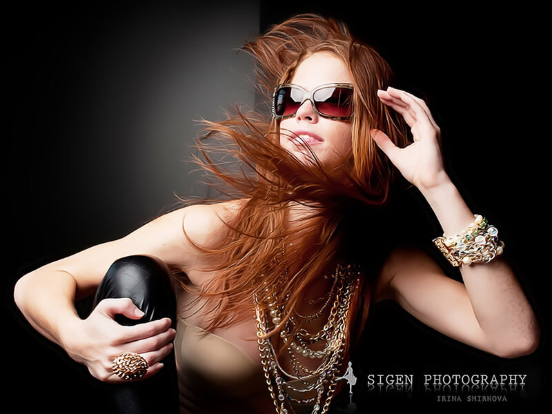 Woman with Red Hair — Black, Dramatic, Photograph, Sunglasses