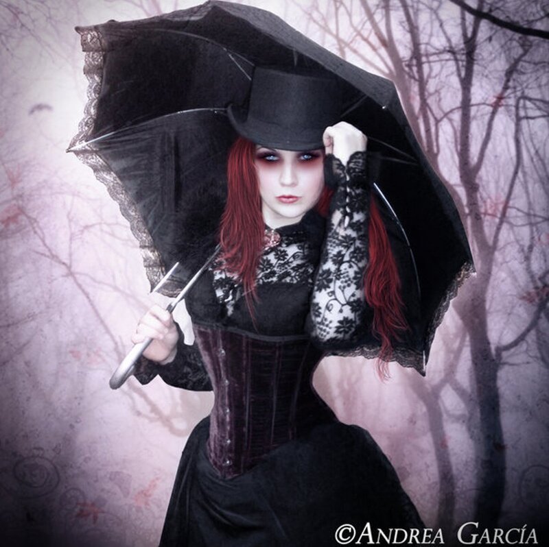 Woman with Red Hair — Black, Dramatic, Photograph, Umbrella