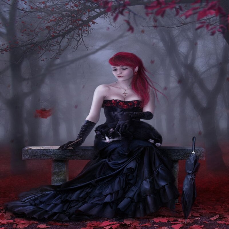 Woman with Red Hair — Black, Melancholic, Autumn, Digital Art