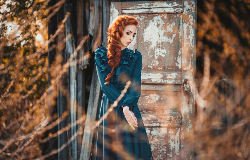 Woman with Red Hair — Blue, Dramatic, Autumn, Photograph