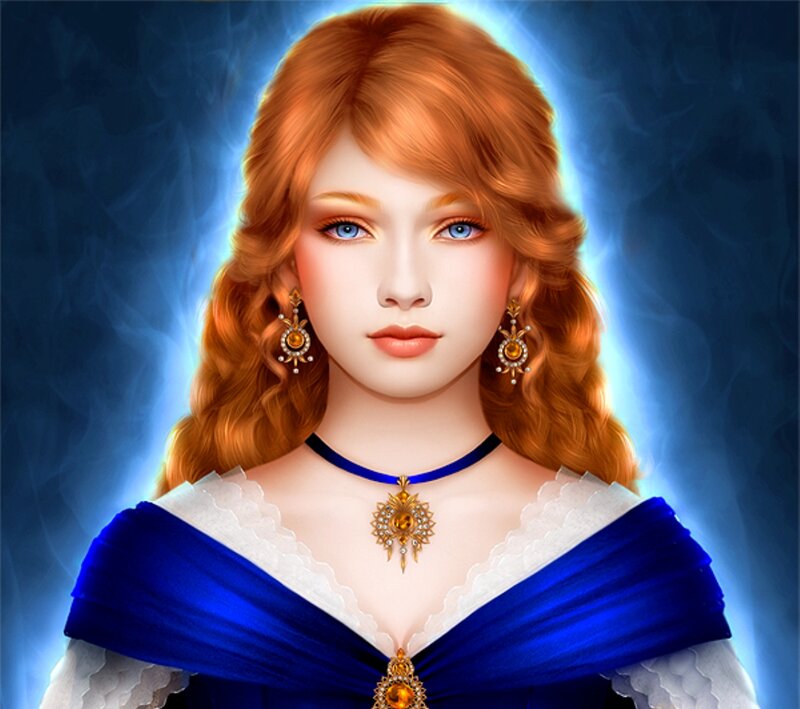 Woman with Red Hair — Blue, Dramatic, Digital Art, Jewelry