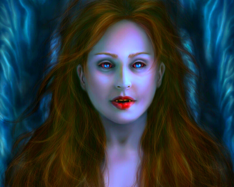 Woman with Red Hair — Blue, Dramatic, Digital Art, Red Eyes