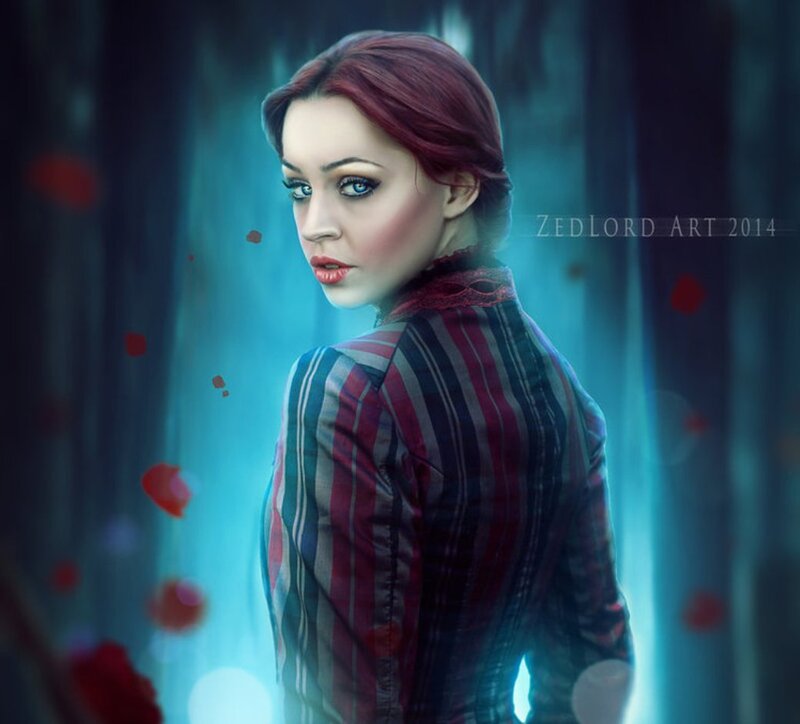 Woman with Red Hair — Blue, Dramatic, Digital Art, Red Petals