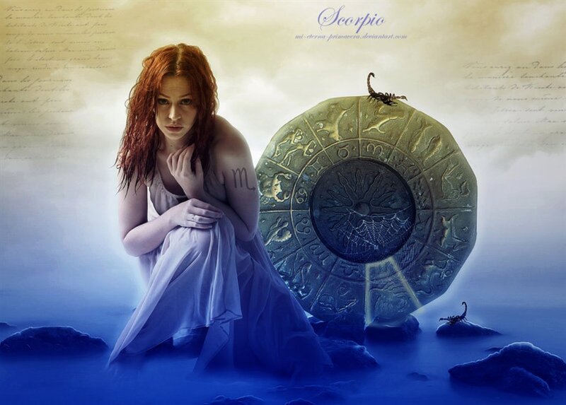 Woman with Red Hair — Blue, Dramatic, Digital Art, Scorpio Symbol