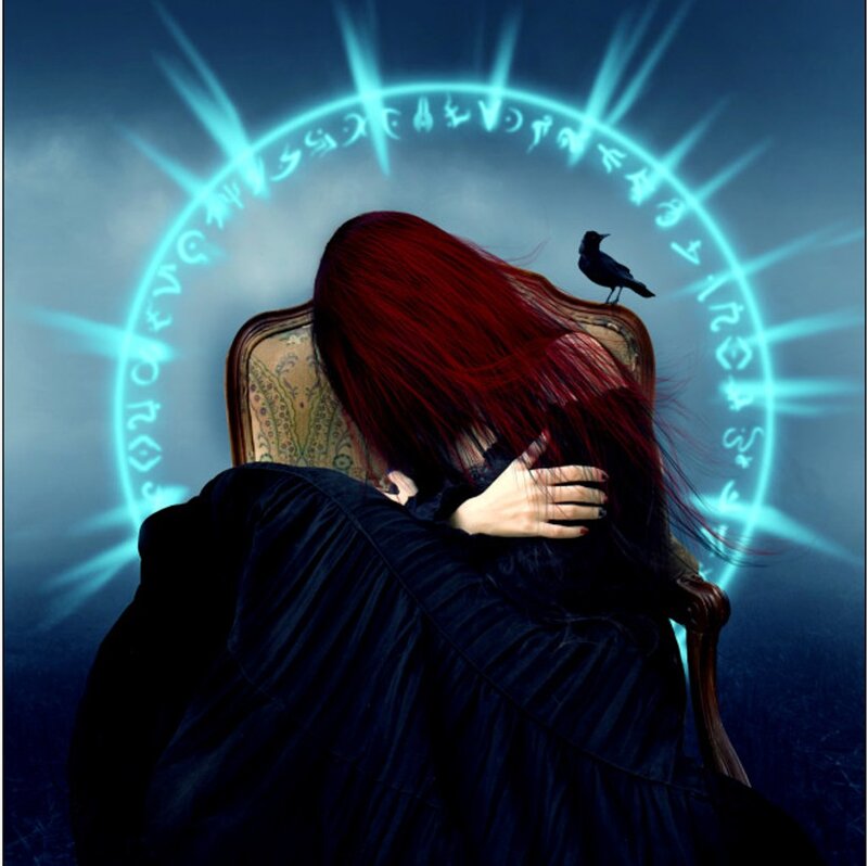 Woman with Red Hair — Blue, Dramatic, Night, Digital Art, Bird