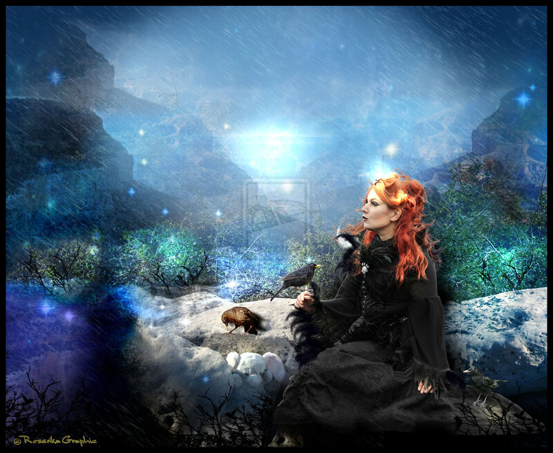Woman with Red Hair — Blue, Dramatic, Night, Digital Art, Birds
