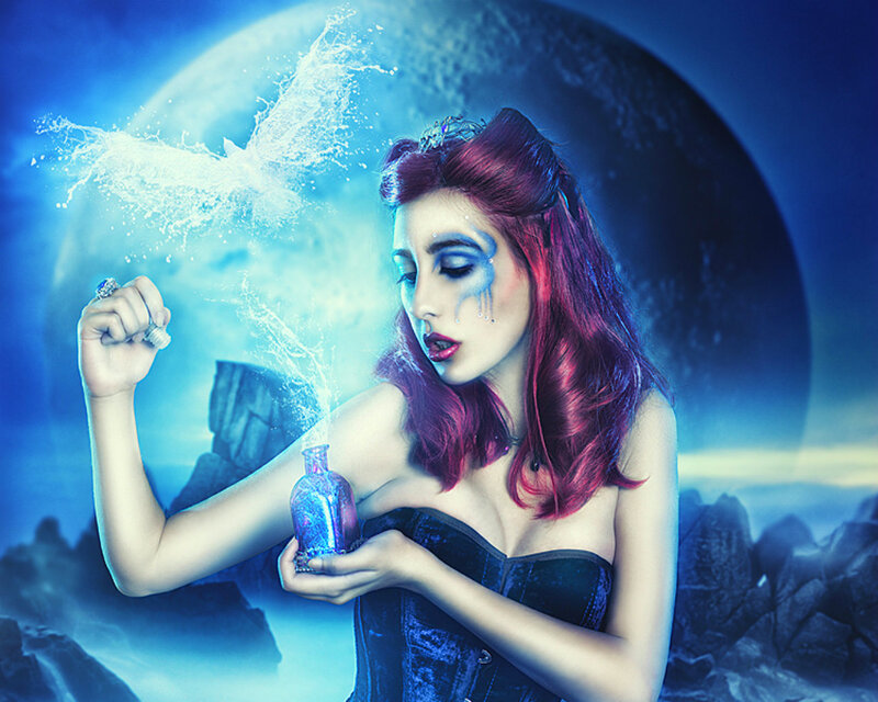 Woman with Red Hair — Blue, Dramatic, Night, Digital Art, Bottle