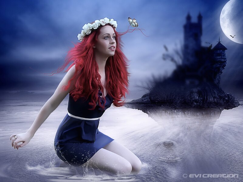 Woman with Red Hair — Blue, Dramatic, Night, Digital Art, Butterfly