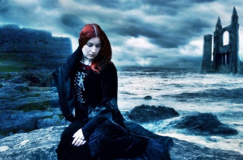 Woman with Red Hair — Blue, Dramatic, Night, Digital Art, Castle Ruins