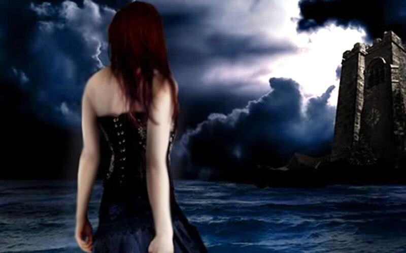 Woman with Red Hair — Blue, Dramatic, Night, Digital Art, Castle