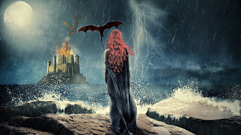 Woman with Red Hair — Blue, Dramatic, Night, Digital Art, Dragon