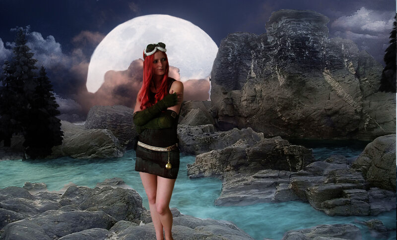 Woman with Red Hair — Blue, Dramatic, Night, Digital Art, Moon, Rocks