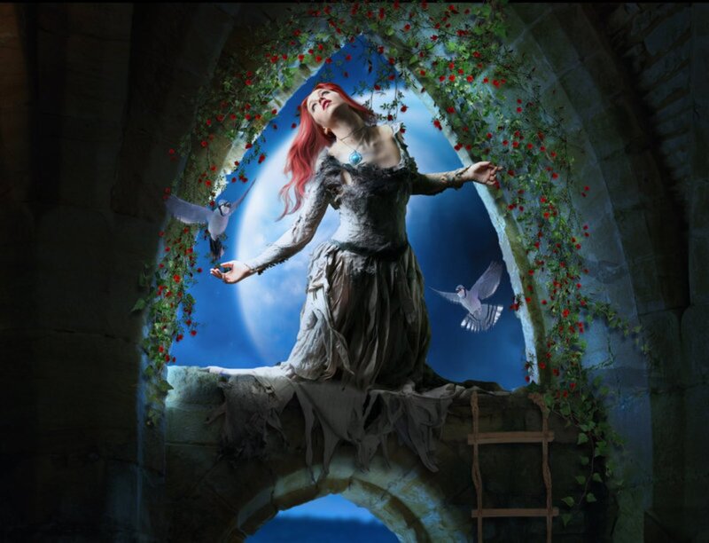 Woman with Red Hair — Blue, Dramatic, Night, Digital Art, Pigeons