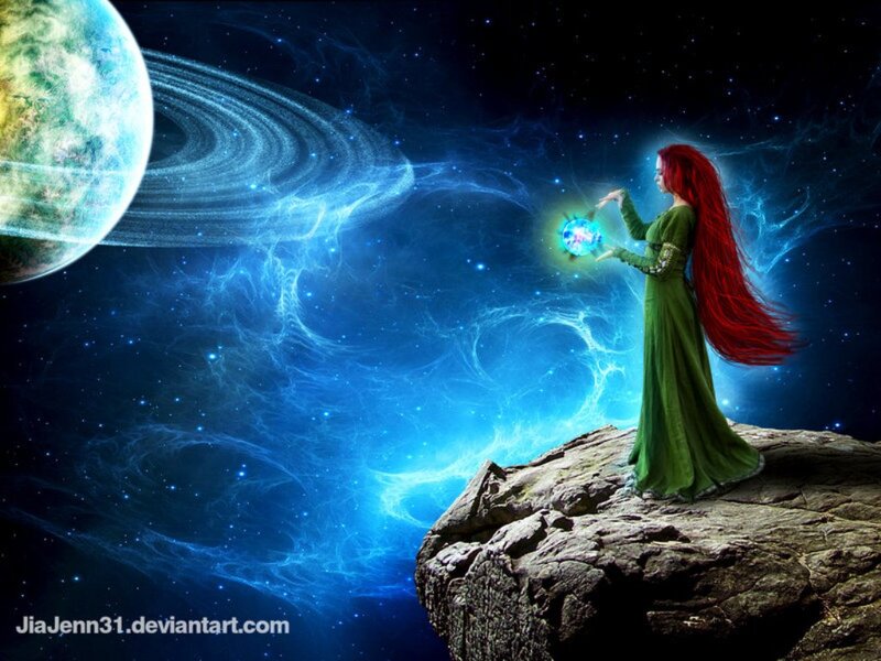 Woman with Red Hair — Blue, Dramatic, Night, Digital Art, Planet
