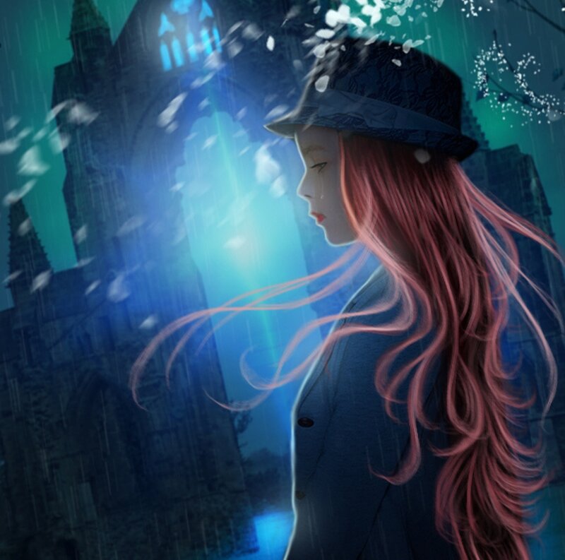 Woman with Red Hair — Blue, Dramatic, Night, Digital Art, Rain