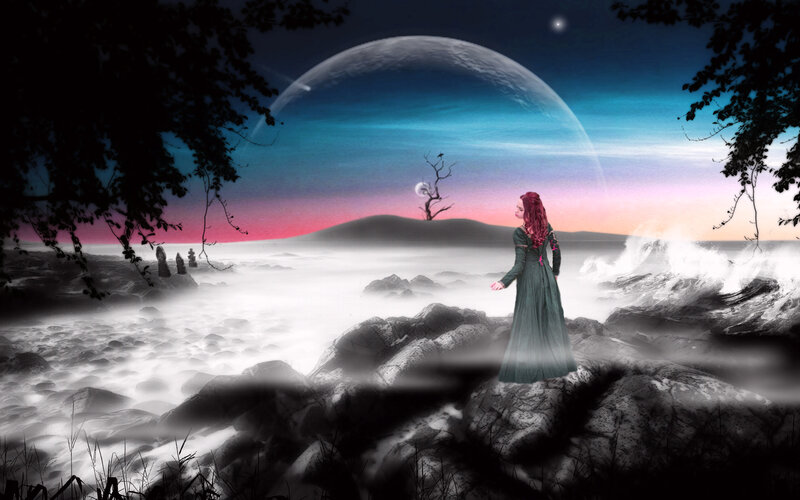 Woman with Red Hair — Blue, Dramatic, Night, Digital Art, Rocks