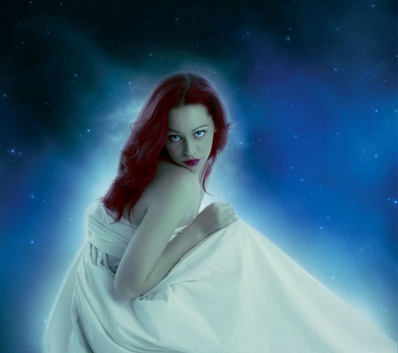 Woman with Red Hair — Blue, Dramatic, Night, Digital Art, White Cloth