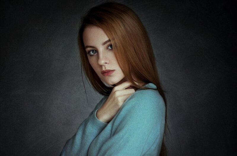 Woman with Red Hair — Blue, Dramatic, Photograph, Sweater