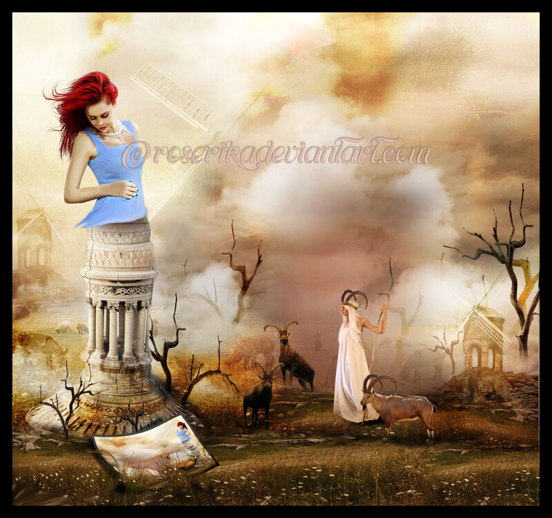 Woman with Red Hair — Blue, Dramatic, Sunset, Digital Art, Goats