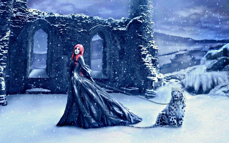 Woman with Red Hair — Blue, Dramatic, Winter, Digital Art, Snow Leopard