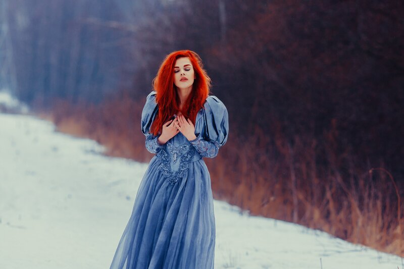 Woman with Red Hair — Blue, Dramatic, Winter, Photograph